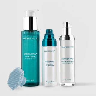 Colorescience Barrier Pro three-piece skincare set with bonus silicone facial cleansing scrubber, including 1 Step Cleanser 150ml, Serum Spray 75ml and Essential Moisturizer 50ml