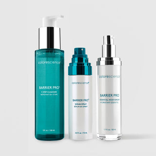 Colorescience Barrier Pro three-piece skincare set featuring 1 Step Cleanser 150ml, Serum Spray 75ml and Essential Moisturizer 50ml