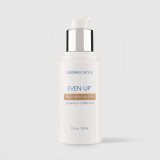 Colorescience Even Up Multi-Correction Serum white pump bottle with silver pump nozzle exposed, 1 fl oz 30ml