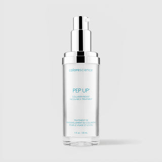 Colorescience Pep Up Collagen Boost Face and Neck Treatment clear glass pump bottle with silver nozzle exposed, 1 fl oz 30ml