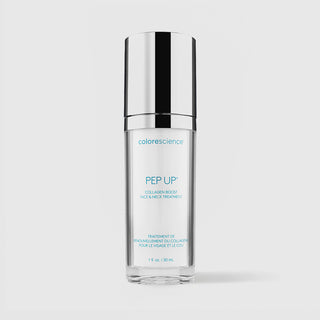 Colorescience Pep Up Collagen Boost Face and Neck Treatment clear glass bottle with silver cap, 1 fl oz 30ml