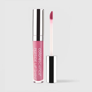 Colorescience Peptide Lip Shine SPF30 in pink, clear tube open with applicator wand showing sheer pink gloss formula, silver cap beside