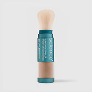 Colorescience Sunforgettable Brush-On Sunscreen SPF50 in Deep, teal powder brush showing deep tan powder through clear window with soft natural bristles