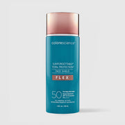 Colorescience Sunforgettable Total Protection Face Shield Flex SPF50 in Deep, teal bottle with rose gold cap, all-mineral actives for deep skin tones, 1.8 fl oz 55ml
