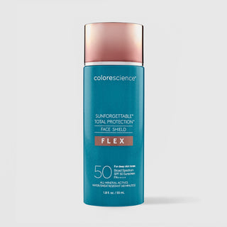 Colorescience Sunforgettable Total Protection Face Shield Flex SPF50 in Deep, teal bottle with rose gold cap, all-mineral actives for deep skin tones, 1.8 fl oz 55ml