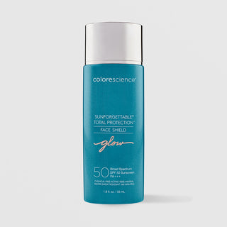 Colorescience Sunforgettable Total Protection Face Shield Glow SPF50 teal bottle with silver cap, 100% mineral chemical-free water resistant, 1.8 fl oz 55ml