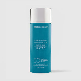 Colorescience Sunforgettable Total Protection Face Shield Matte SPF50 teal bottle with silver cap, all-mineral actives water resistant, 1.8 fl oz 55ml
