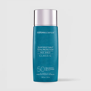 Colorescience Sunforgettable Total Protection Face Shield Classic SPF50 teal bottle with silver cap, all-mineral actives water resistant, 1.8 fl oz 55ml