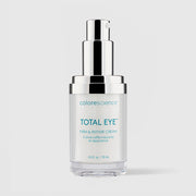 Colorescience Total Eye Firm and Repair Cream clear glass bottle with silver pump nozzle exposed, 0.6 fl oz 18ml