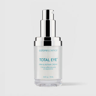 Colorescience Total Eye Firm and Repair Cream clear glass bottle with silver pump nozzle exposed, 0.6 fl oz 18ml