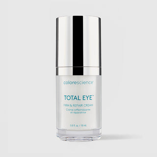 Colorescience Total Eye Firm and Repair Cream clear glass bottle with silver cap, 0.6 fl oz 18ml