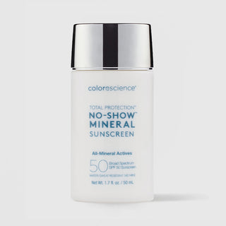 Colorescience Total Protection No-Show Mineral Sunscreen SPF50 white frosted bottle with silver cap, all-mineral actives broad spectrum water resistant, 1.7 fl oz 50ml