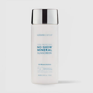 Colorescience Total Protection No-Show Mineral Sunscreen SPF50 white frosted bottle with silver cap, all-mineral actives broad spectrum water resistant, 2.6 fl oz 78ml