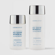 
Colorescience Total Protection No-Show Mineral Sunscreen SPF50 shown in both sizes, 1.7 fl oz 50ml and 2.6 fl oz 78ml white frosted bottles with silver caps