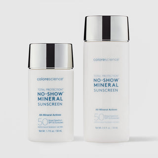 
Colorescience Total Protection No-Show Mineral Sunscreen SPF50 shown in both sizes, 1.7 fl oz 50ml and 2.6 fl oz 78ml white frosted bottles with silver caps