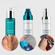 Colorescience Barrier Pro Trio: 1 Step Cleanser, Serum Spray, and Essential Moisturizer bottles with texture close-ups showing gel, fine mist, and cream formulas.