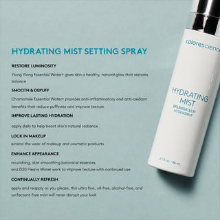 Colorescience Hydrating Mist Setting Spray benefits: restores luminosity, smooths, hydrates, locks in makeup, and refreshes with oil-free botanical formula.