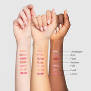 Colorescience Peptide Lip Shine SPF 30 shade swatches shown on three arms with fair, medium, and deep skin tones displaying seven shades: Champagne, Rose, Plum, Savanna, Pink, Coral, and Guava on a light gray background