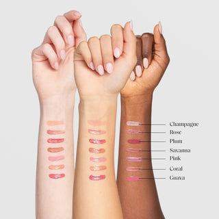 Colorescience Peptide Lip Shine SPF 30 shade swatches shown on three arms with fair, medium, and deep skin tones displaying seven shades: Champagne, Rose, Plum, Savanna, Pink, Coral, and Guava on a light gray background