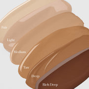 Colorescience Sunforgettable Total Protection Face Shield Flex SPF50 shade range swatches showing six tones: Fair, Light, Medium, Tan, Deep and Rich Deep