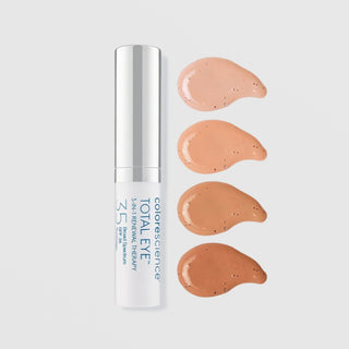 Colorescience Total Eye 3-in-1 Renewal Therapy SPF 35 shown alongside four cream-to-tan shade swatches ranging from light to deep on a light gray background