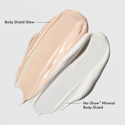 Colorescience Body Shield Glow shimmery peach swatch compared to No-Show Mineral Body Shield white cream swatch on a gray background