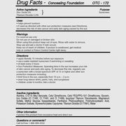 Drug facts panel for Illuminare Concealing Foundation OTC-172 listing active ingredients zinc oxide 5% and titanium dioxide 4.4% as sunscreen, with full inactive ingredient list, uses, warnings, and SPF directions