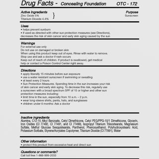 Drug facts panel for Illuminare Concealing Foundation OTC-172 listing active ingredients zinc oxide 5% and titanium dioxide 4.4% as sunscreen, with full inactive ingredient list, uses, warnings, and SPF directions