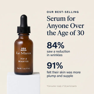 Le Mieux TGF-β Booster serum bottle with text on a beige background