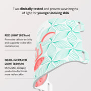 Omnilux Contour Face LED mask infographic illustrating its two clinically tested wavelengths: red light at 633nm for cellular activity and near-infrared light at 830nm for collagen production, alongside an angled view of the mask glowing pink.