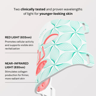 Omnilux Contour Face LED mask infographic illustrating its two clinically tested wavelengths: red light at 633nm for cellular activity and near-infrared light at 830nm for collagen production, alongside an angled view of the mask glowing pink.