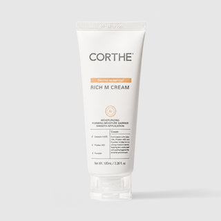 Corthe Dermo Essential Rich M Cream barrier moisturizer with Ceramide and Fucoidan – white tube with clear base, 100ml / 3.38 fl oz
