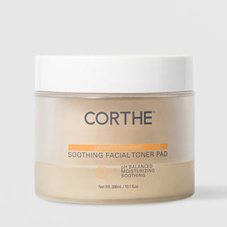 Corthe Dermo Essential Soothing Facial Toner Pad pH-balanced moisturizing toner pads – frosted jar with white lid, 300ml / 10.1 fl oz