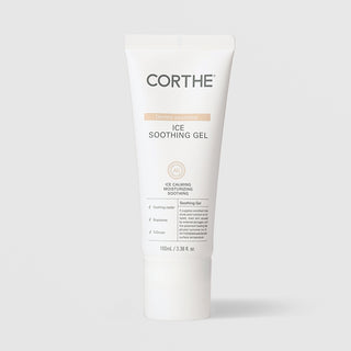 Corthe Dermo Essential Ice Soothing Gel in a white tube, 100 ml / 3.38 fl oz, ice calming moisturizing and soothing gel for all skin types, on a light gray background
