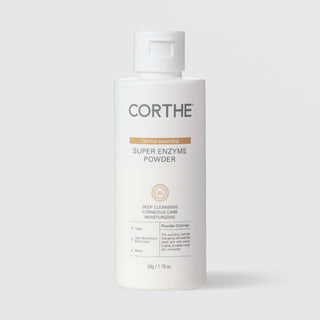 
Corthe Dermo Essential Super Enzyme Powder deep cleansing powder cleanser in a white bottle, 50g / 1.76 oz, for all skin types, on a light gray background