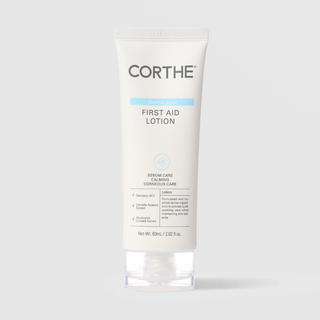 Corthe Dermo Pure First Aid Lotion sebum care calming lotion in a white tube with clear cap, 60 ml / 2.02 fl oz, on a light gray background