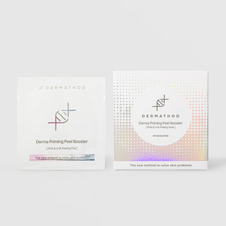 Dermathod Derma Priming Peel Booster individual packet beside holographic box of 30 PHA and LHA exfoliating peeling pads