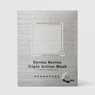 Single Dermathod Derma Revive Triple Action Mask in silver foil packet showing soothing skin barrier and brightening claims