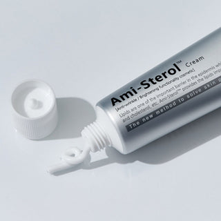 Dermathod Ami-Sterol Cream anti-wrinkle brightening tube opened with white cream dispensed on light gray background