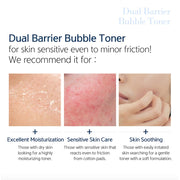 Dr. esthé Dual Barrier Bubble Toner benefits infographic - recommended for dry skin, sensitive skin, and easily irritated skin needing soothing
