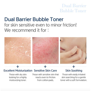 Dr. esthé Dual Barrier Bubble Toner benefits infographic - recommended for dry skin, sensitive skin, and easily irritated skin needing soothing