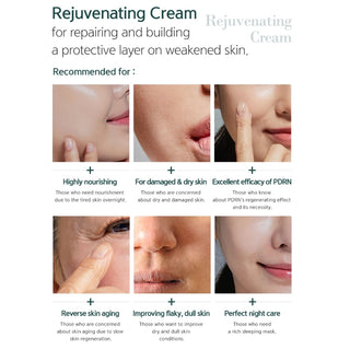 Dr. esthe Rejuvenating PDRN Cream benefits infographic - recommended for nourishing, dry and damaged skin, anti-aging, flaky skin and night care