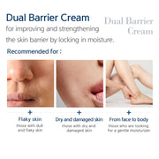 Dr. esthe Dual Barrier Cream benefits infographic - recommended for flaky skin, dry and damaged skin, and face to body moisturizing