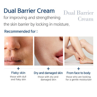 Dr. esthe Dual Barrier Cream benefits infographic - recommended for flaky skin, dry and damaged skin, and face to body moisturizing