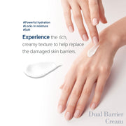 Dr. esthe Dual Barrier Cream texture swatch - rich creamy white formula shown applied on hands for powerful hydration and barrier repair