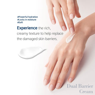 Dr. esthe Dual Barrier Cream texture swatch - rich creamy white formula shown applied on hands for powerful hydration and barrier repair