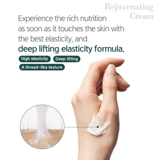 Dr. esthe Rejuvenating PDRN Cream texture - thread-like elastic white cream shown on hand with zoomed swatch highlighting deep lifting elasticity formula