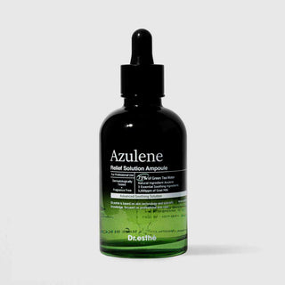 Dr.esthé Azulene Relief Solution Ampoule 150ml green glass dropper bottle with 73% green tea water, natural azulene, and 5000ppm goat milk for advanced soothing