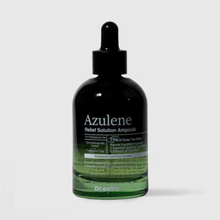 Dr.esthé Azulene Relief Solution Ampoule 50ml green glass dropper bottle with 73% green tea water, natural azulene, and 5000ppm goat milk for advanced soothing