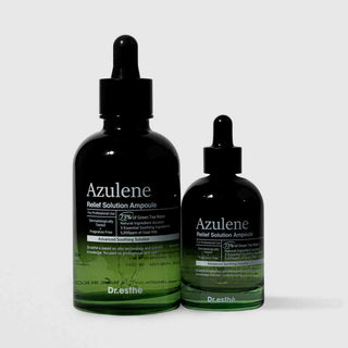 Dr.esthé Azulene Relief Solution Ampoule 150ml and 50ml sizes shown together fragrance-free dermatologically tested advanced soothing ampoule with green tea water and azulene